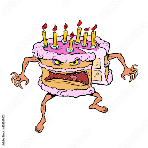 Funny angry cake. A bad birthday holiday. Sweet pastry character isolate on white background