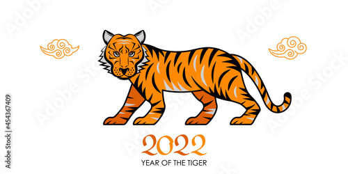 Chinese new year 2022 year of the tiger. Striped tiger and tiger numbers in retro style