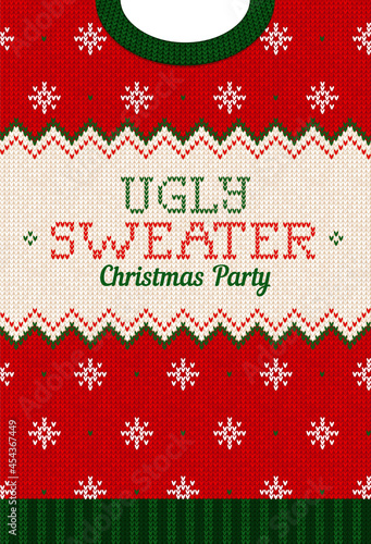 Ugly sweater Christmas party invite. Knitted background pattern scandinavian ornaments.