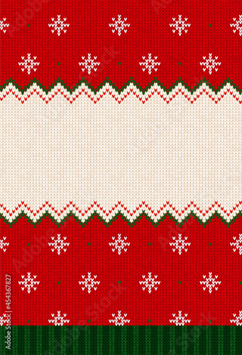 Ugly sweater Christmas party invite. Knitted background pattern scandinavian ornaments.