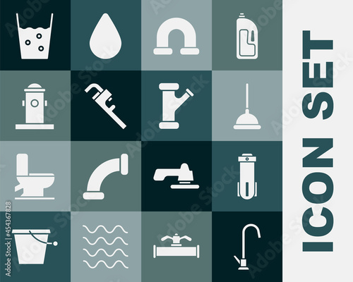 Set Water tap, filter, Rubber plunger, Industry metallic pipe, Pipe adjustable wrench, Fire hydrant, Glass with water and icon. Vector