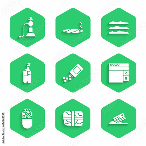 Set Medicine bottle and pills, Package with cocaine, Cocaine credit card, Buying drugs online, or tablet, Bong for smoking marijuana, heroin and Hookah icon. Vector