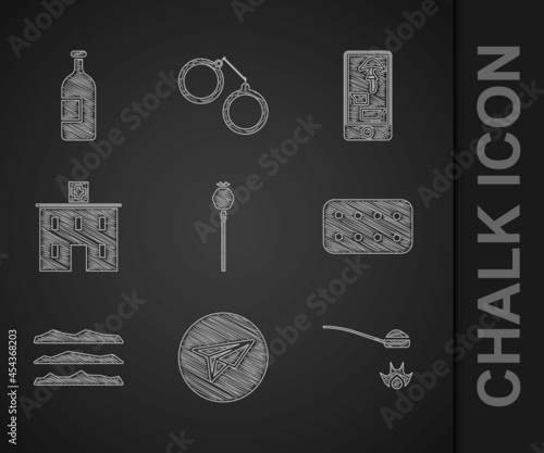 Set Opium poppy, Messenger, Heroin in a spoon, Pills blister pack, Cocaine or heroin drug, Medical hospital building, Buying drugs online phone and Alcohol drink bottle icon. Vector