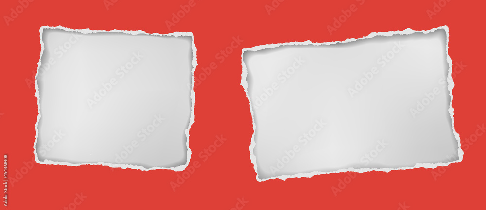 Red square, oblong hole composition in paper with torn edges and soft shadow is on white squared background. Vector illustration Red square, oblong hole composition in paper with torn edges and soft shadow is on white squared background. Vector illustration