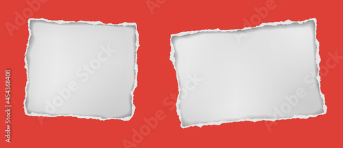 Red square, oblong hole composition in paper with torn edges and soft shadow is on white squared background. Vector illustration