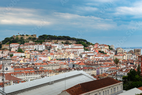 Beautiful view of the downtown of the city of Lisbon from the Sao Pedro de Alcantara viewpoint, with the Pombaline downtown and the Sao Jorge Castle. photo
