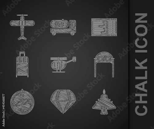 Set Helicopter, Parachute, Jet fighter, Aviator hat with goggles, Compass, Suitcase, Airport board and Plane icon. Vector
