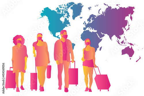 Travelling people wearing masks in front of world map. Medical masks and suitcases. Post-corona travelling concept. Travelling after coronavirus covid19 illustration.