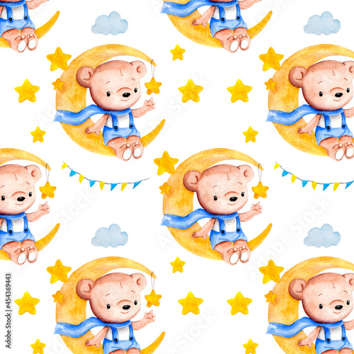 The bear sits on the patern moon.Yellow moon and stars Perfect for baby textiles and wrapping paper, baby wallpaper