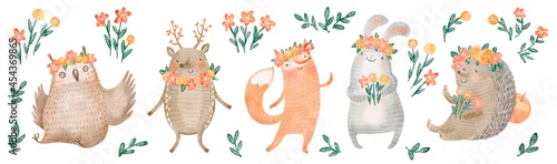 Panel kuchenny z motywem Forest animals with flowers and leaves, hand drawn digital watercolor children illustration, isolated on white backgrownd, for postcards, invitations, textile