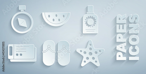 Set Flip flops, Sunscreen spray bottle, Travel ticket, Starfish, Watermelon and Compass icon. Vector