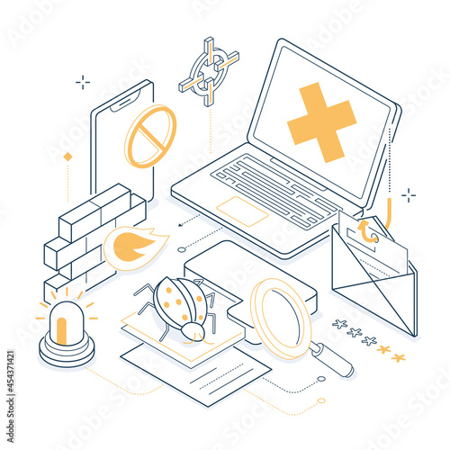 Protection against computer viruses - isometric line illustration