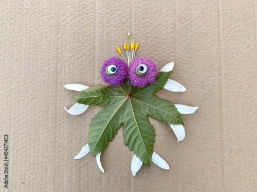 Master class, step by step how to make an octopus from leaves and flowers, kids craft photo