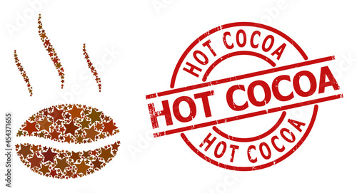 Coffee aroma star mosaic and grunge Hot Cocoa badge. Red watermark with unclean texture and Hot Cocoa slogan inside circle. Abstract coffee aroma mosaic is composed with randomized flat star parts.