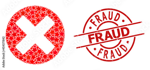 Cancel sign star mosaic and grunge Fraud stamp. Red watermark with grunge surface and Fraud text inside circle. Abstract cancel sign mosaic is designed with scattered flat star items.