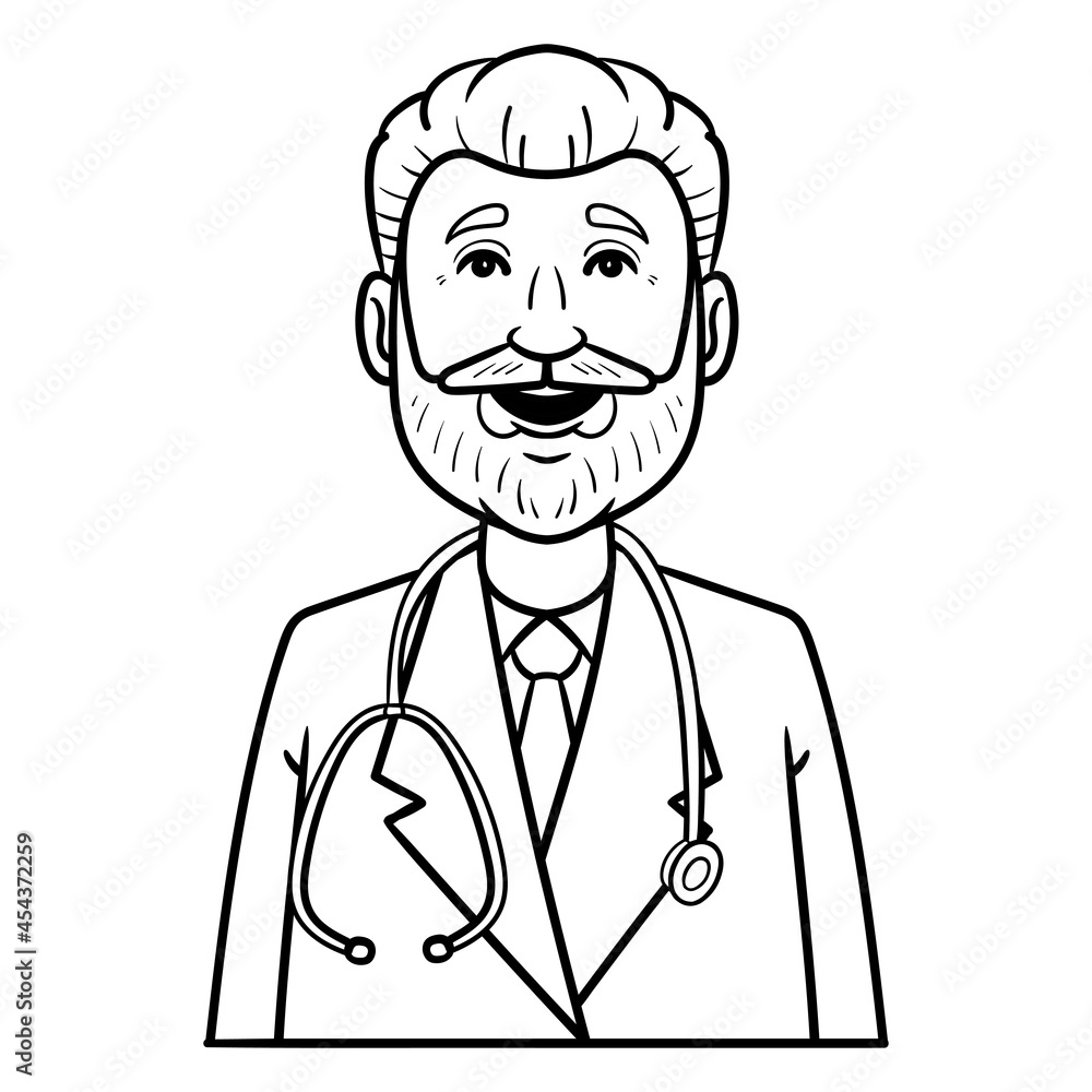 doctor avatar with smock and stethoscope. comic, outline, monochrome.