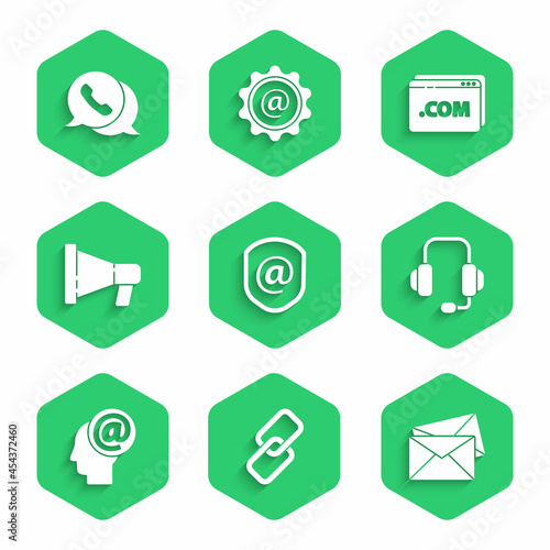 Set Shield with mail and e-mail, Chain link, Envelope, Headphones, Mail, Megaphone, Website template and Telephone speech bubble chat icon. Vector