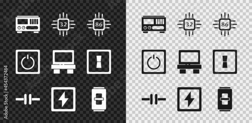 Set Electrical measuring instruments, Processor with microcircuits CPU, scheme, Lightning bolt, light switch, and Fuse icon. Vector