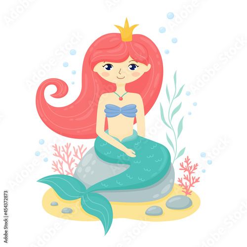 Cute mermaid in crown sitting on sea rock.