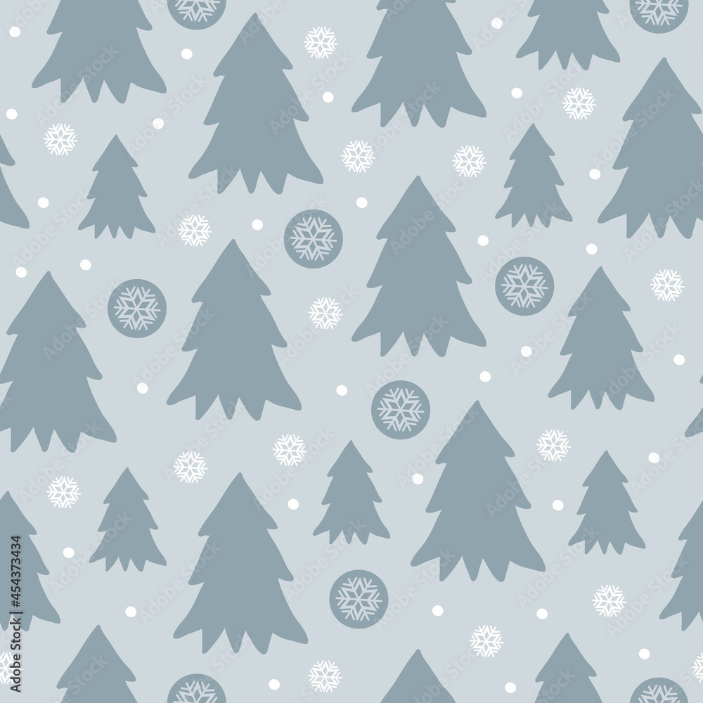Cute winter seamless pattern with cartoon Christmas trees and snowflakes in flat style on grey-blue background. Modern simple vector illustration