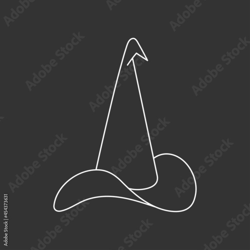 Witch hat vector illustration in doodle style. Hand drawn wizard cap for holiday Halloween. White icon isolated on black background. Scary silhouette magician hat. Accessory for party on Halloween