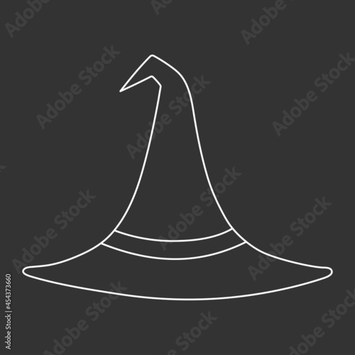 Witch hat vector illustration in doodle style. Hand drawn wizard cap for holiday Halloween. White icon isolated on black background. Scary silhouette magician hat. Accessory for party on Halloween