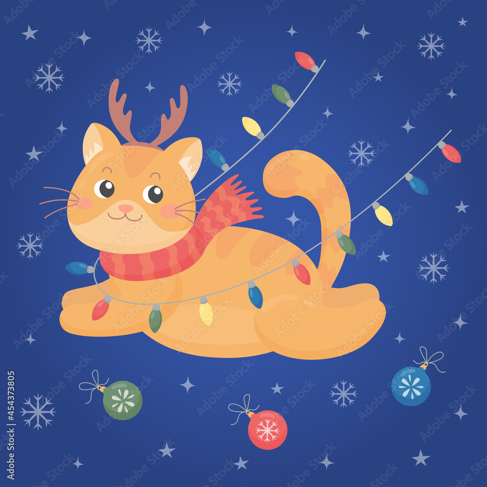 Cute winter greeting card with red cat, garland, christmas balls, snowflakes.