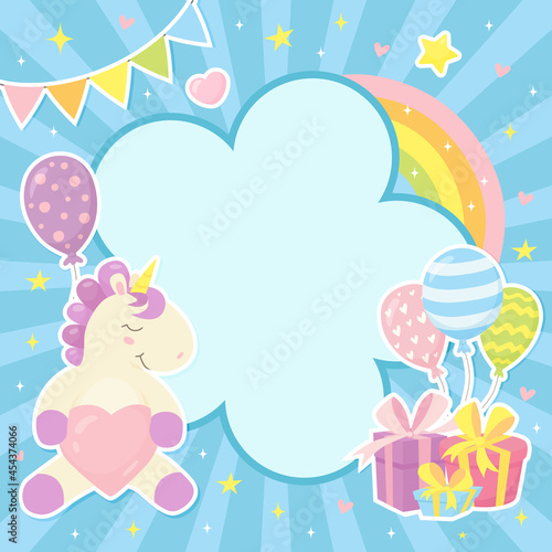 Cute frame with little unicorn, rainbow, gifts, baloons. © Katerina