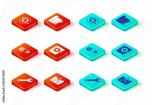 Set Wrench spanner, Graphing paper and compass, Timing belt kit, User manual, pencil and Gear arrows workflow icon. Vector