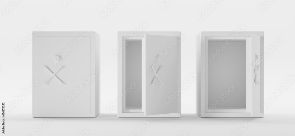 Bank safe door opening motion sequence animation. Metal rectangular box for money storage closed, ajar and open. Mockup white isolated vault with lock and handle. Realistic illustration set, 3d render Bank safe door opening motion sequence animation. Metal rectangular box for money storage closed, ajar and open. Mockup white isolated vault with lock and handle. Realistic illustration set, 3d render