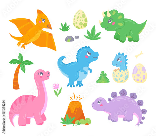 Set of cute colorful little dinosaurs and prehistoric elements