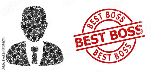 Manager star mosaic and grunge Best Boss seal stamp. Red stamp with distress style and Best Boss slogan inside circle. Abstract manager composition is designed with random flat star icons.