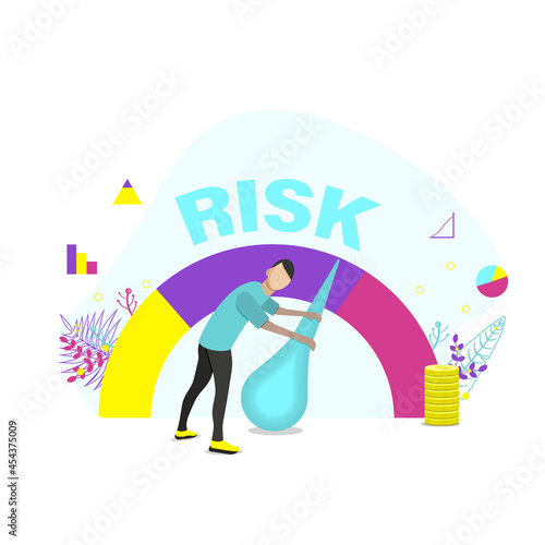 Concept of risk on speedometer is high, medium, low. Man manages risk in business or life. Flat vector illustration.