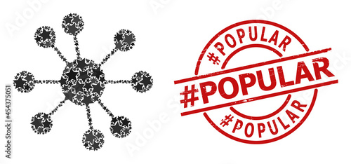 Node relations star mosaic and grunge #Popular seal stamp. Red seal with scratched style and #Popular text inside circle. Abstract node relations collage is created with scattered flat star icons.