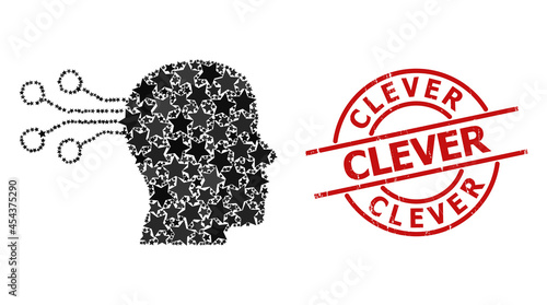 Mind interface star pattern and grunge Clever seal stamp. Red seal with grunge texture and Clever text inside circle. Abstract mind interface composition is organized from randomized flat star items.