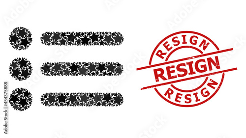 List items star pattern and grunge Resign seal stamp. Red stamp with grunge surface and Resign slogan inside circle. Abstract list items concept is created from randomized flat star icons.