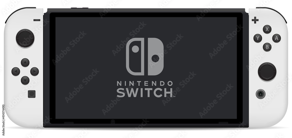 Tokyo 2021. Nintendo Switch OLED new model with white Joy‑Cons front view  handheld game system realistic icon. Nintendo Switch OLED game console.  Stock Vector | Adobe Stock