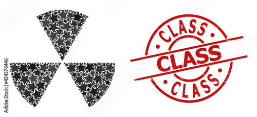 Circle sectors star mosaic and grunge Class badge. Red imprint with grunge surface and Class tag inside circle. Abstract circle sectors collage is created with randomized flat star elements.