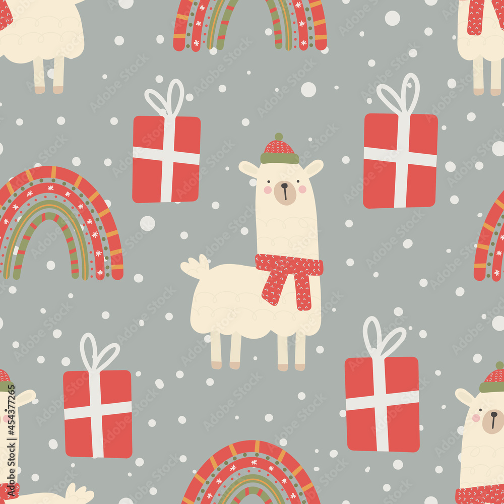 Seamless Christmas pattern with llama, rainbow and gifts Christmas ornament with red and green color, vector illustration Digital paper