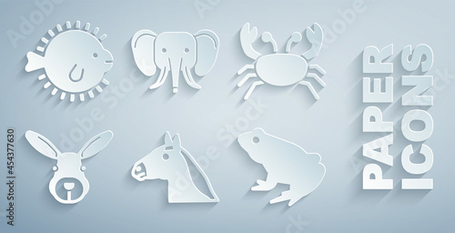 Set Horse head, Crab, Rabbit, Frog, Elephant and Puffer fish icon. Vector