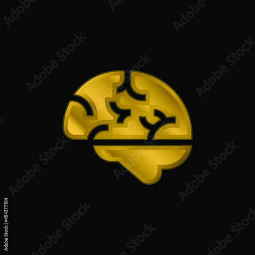 Brain gold plated metalic icon or logo vector