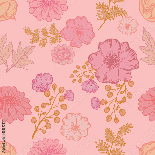 flowers and leaves seamless stitch pattern hand drawn flower background Floral fabric design for printing decorative paper covers fabrics wallpaper interiors packaging cosmetics cards batik boho vecto