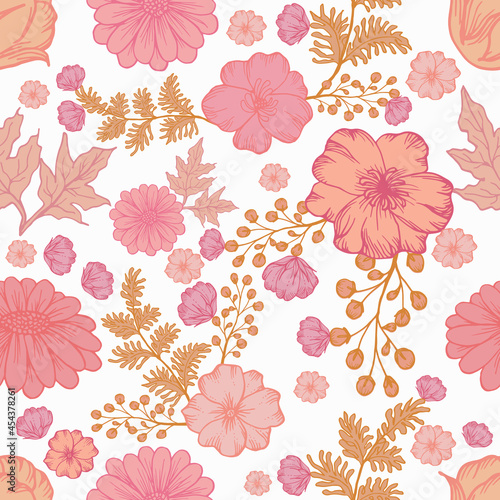 flowers and leaves seamless stitch pattern hand drawn flower background Floral fabric design for printing decorative paper covers fabrics wallpaper interiors packaging cosmetics cards batik boho vecto
