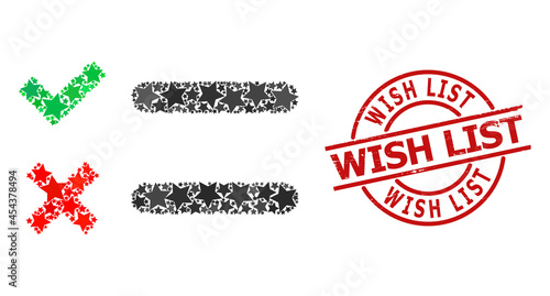 Checklist star pattern and grunge Wish List stamp. Red imprint with grunge style and Wish List slogan inside circle. Abstract checklist composition is designed with randomized flat star parts.