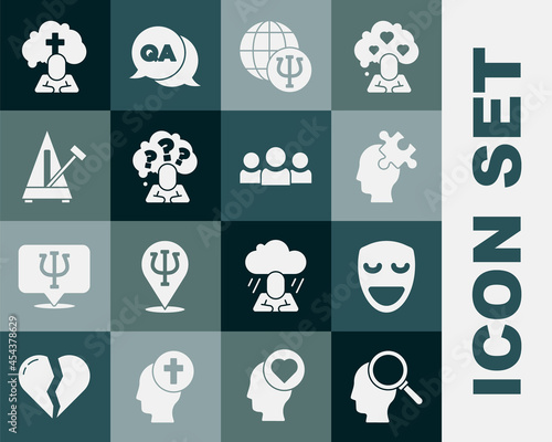 Set Finding a problem, Comedy theatrical mask, Solution to, Psychology, Psi, Head with question mark, Metronome pendulum, Man graves funeral sorrow and Users group icon. Vector