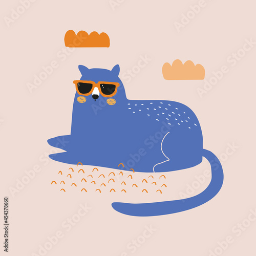 Cute Hand Drawn Nursery Vector Illustration with Blue Lazy Cat Sitting on the Beach. Lovely Childish Style Art with Funny Cat on a Light Blush Pink Background. Safari Party Decoration.