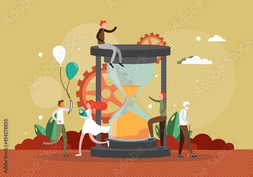 Aging process concept flat vector illustration. Human life cycle from infancy to senior years. Lifespan, generation.