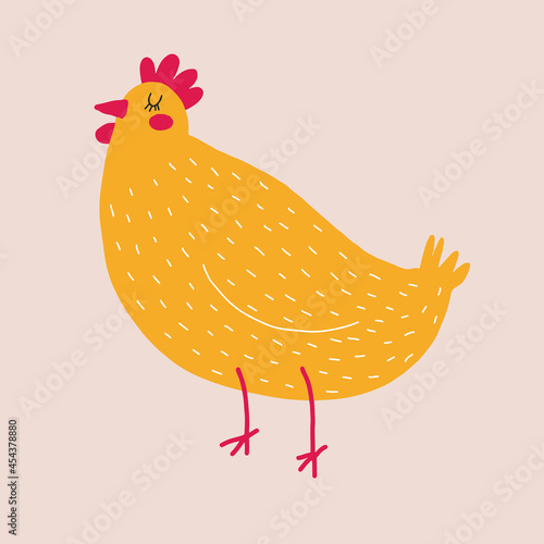 Cute Hand Drawn Nursery Vector Illustration with Yellow Big Hen. Lovely Childish Style Art with Yellow Dreamy Chicken on a Blush Background ideal for Card, Poster, Wall Art. Easter Print.