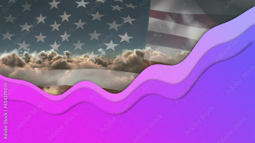 Animation of purple shape moving on usa flag waving over clouds Animation of purple shape moving on usa flag waving over clouds