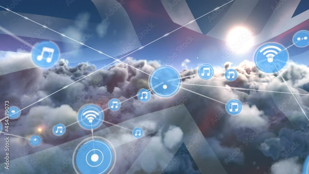 Animation of network of connections of icons with wi-fi over united kingdom flag and clouds Animation of network of connections of icons with wi-fi over united kingdom flag and clouds